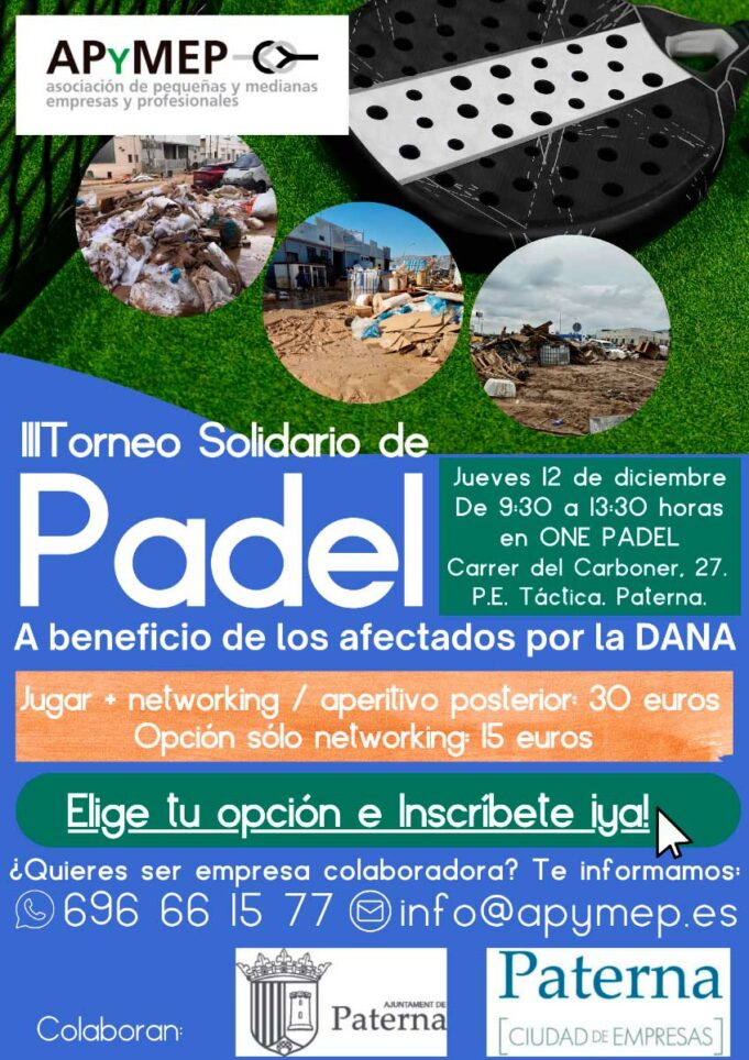 Apymep organiza su III Torneo de Pádel Solidario en beneficio de los afectados por la DANA